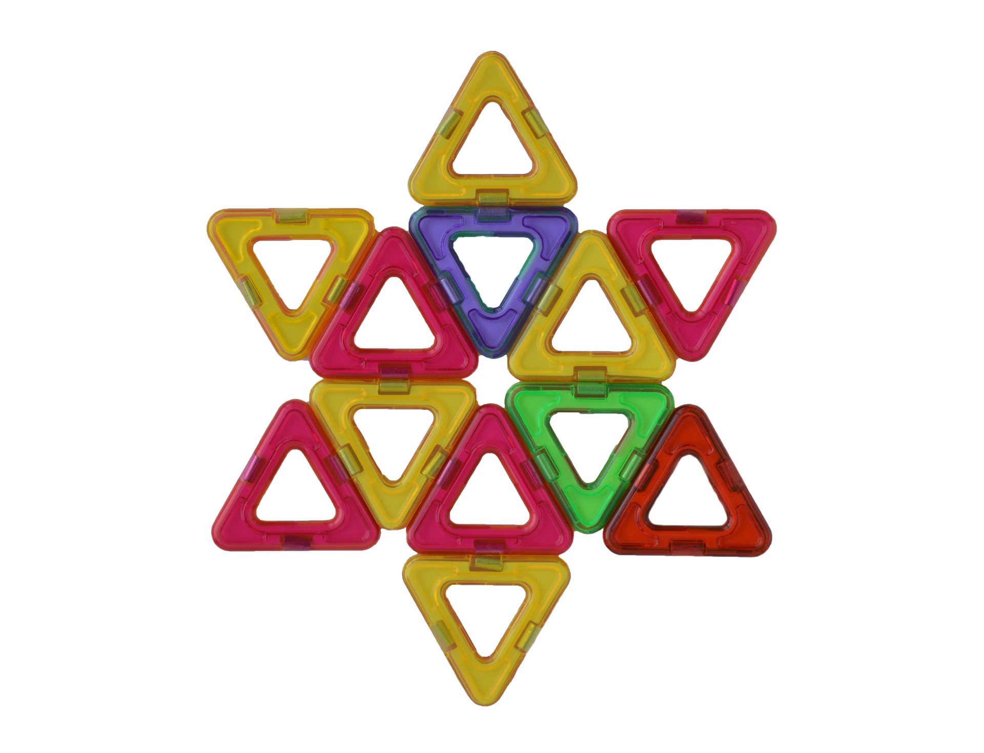 Star-shaped, lined with multicolored parts of a magnetic constructor, isolated on a white background.